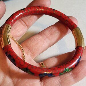 Vintage Cloisonne Red Flower hinged bangle bracelet